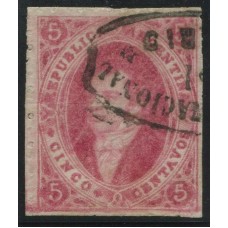 ARGENTINA 1867 GJ 33 RIVADAVIA ESTAMPILLA DE 7ma TIRADA DENTADA VER TODA LA LINEA DEL MARCO INFERIOR, RARA U$ 240